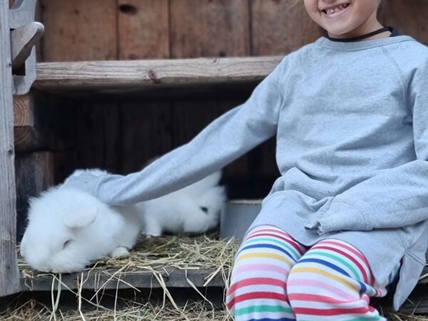 Girl petting rabbits at the Austrian Countryside Chalets