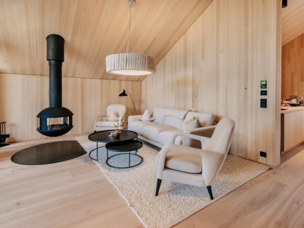 inside a modern wooden cabin Hotel Forsthofgut