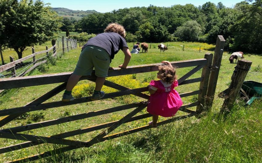 Kids climbing fence at the French Hamlet