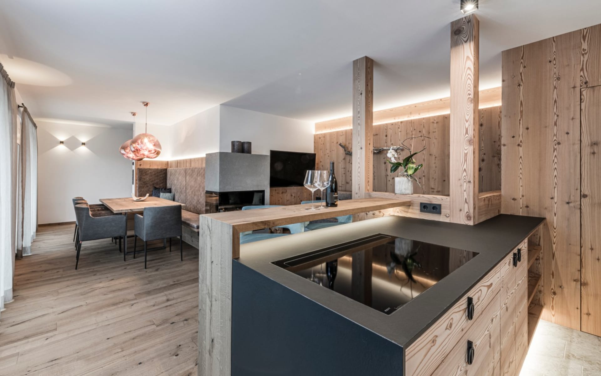 Kitchen inside luxury chalet at the South Tyrolean Nature Resort