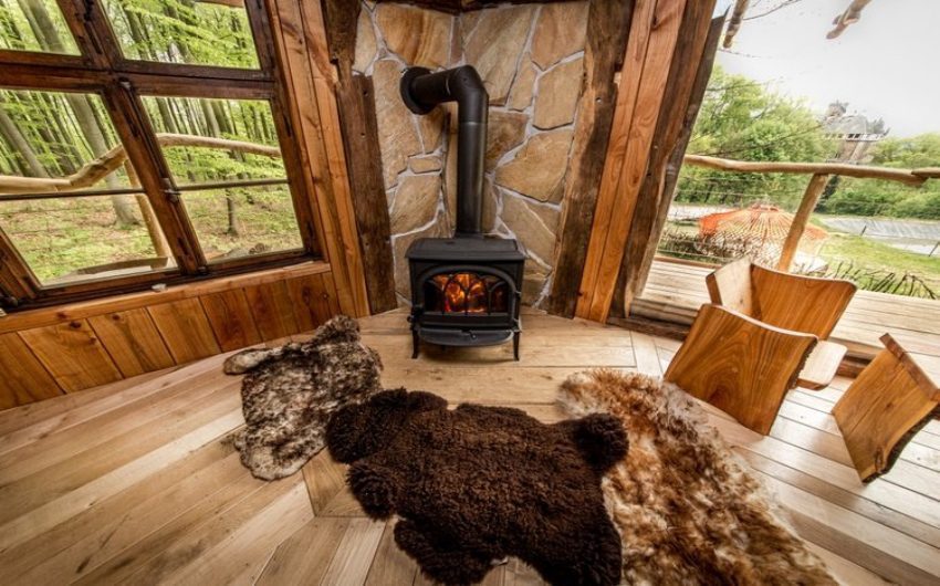 rugs and fire inside the German Tree Houses