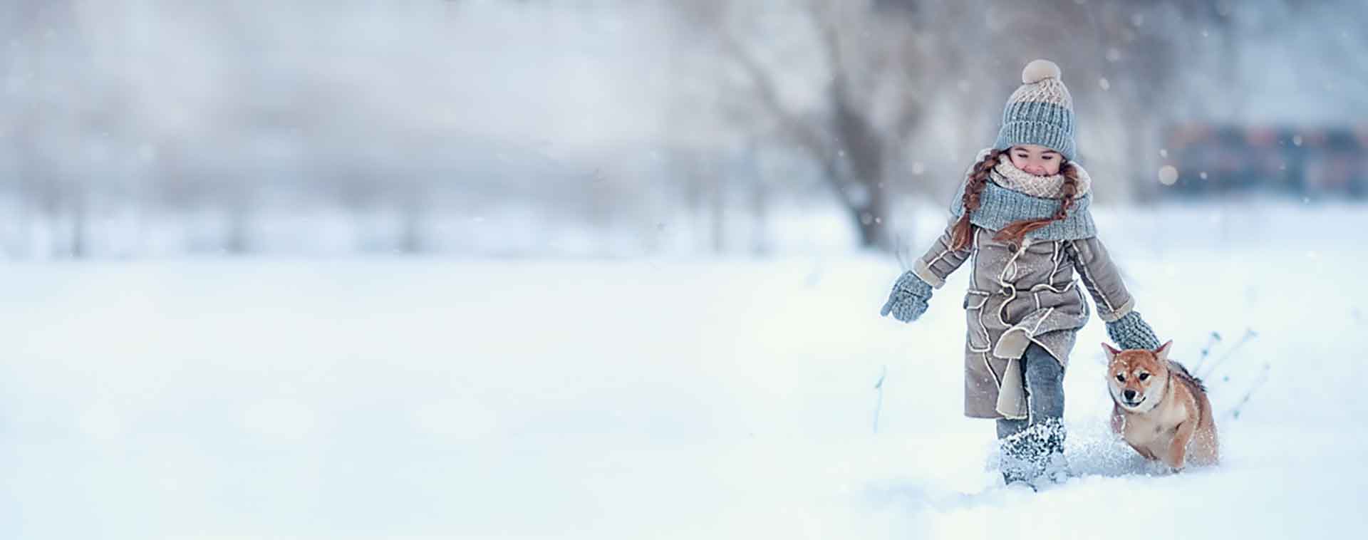 child wrapped up in snow walking dog