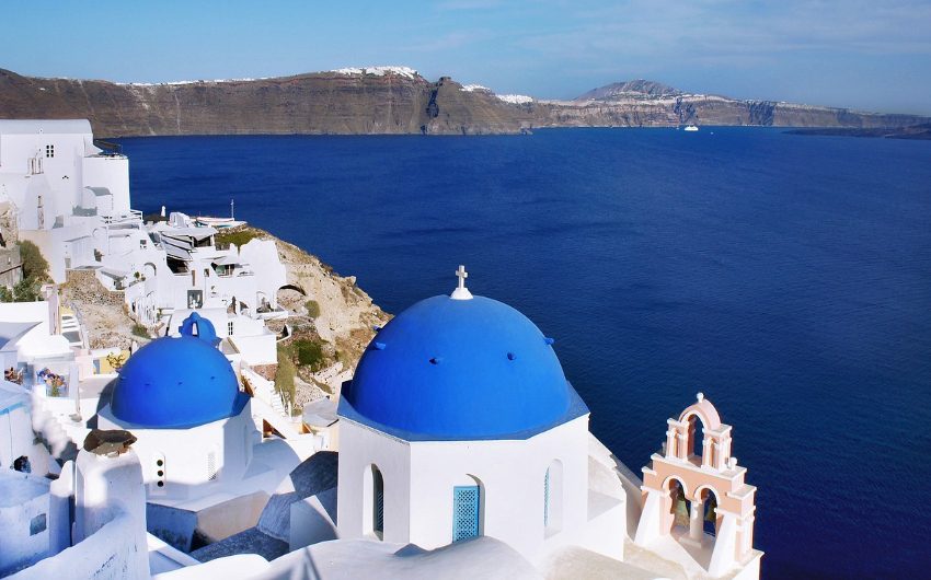 Santorini views with blue roofs