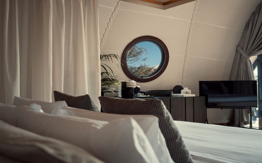 Inside a couples cabana at 91 Athens Riviera