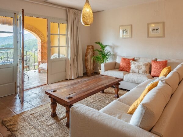 a large live room with a sofa and double doors onto a large terrace