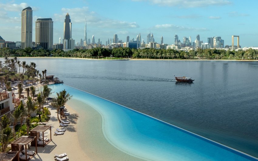 Pool area with skyline at Park Hyatt Dubai