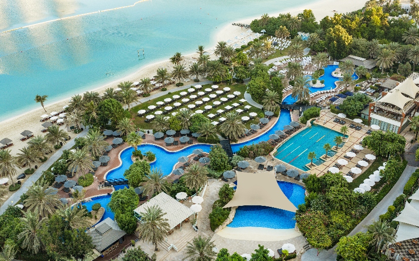 Aerial view of pool and beach area at the Westin Dubai Mina Seyahi Beach Resort & Marina